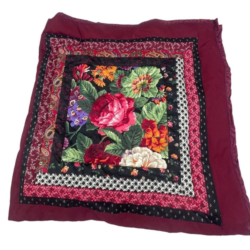 handmade baby blanket throw fashioned by Peggy Hanson patchwork floral red READ